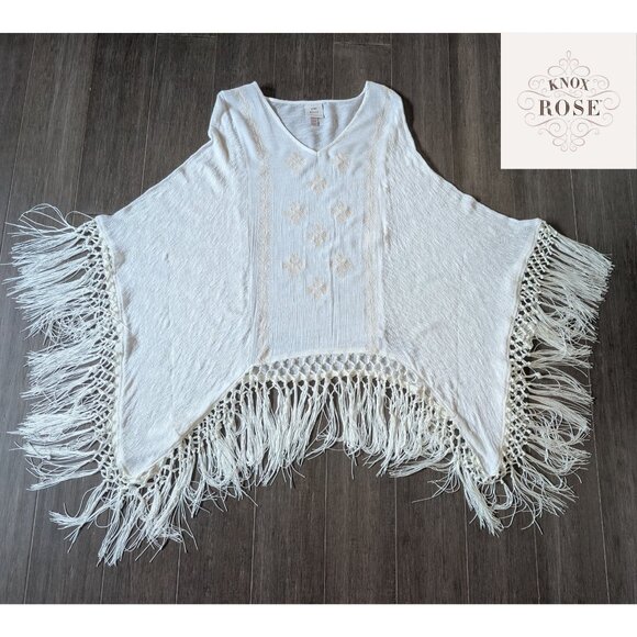 Knox Rose Boho Fringe Poncho Tunic Top – Ivory – Size S/M - Picture 2 of 12